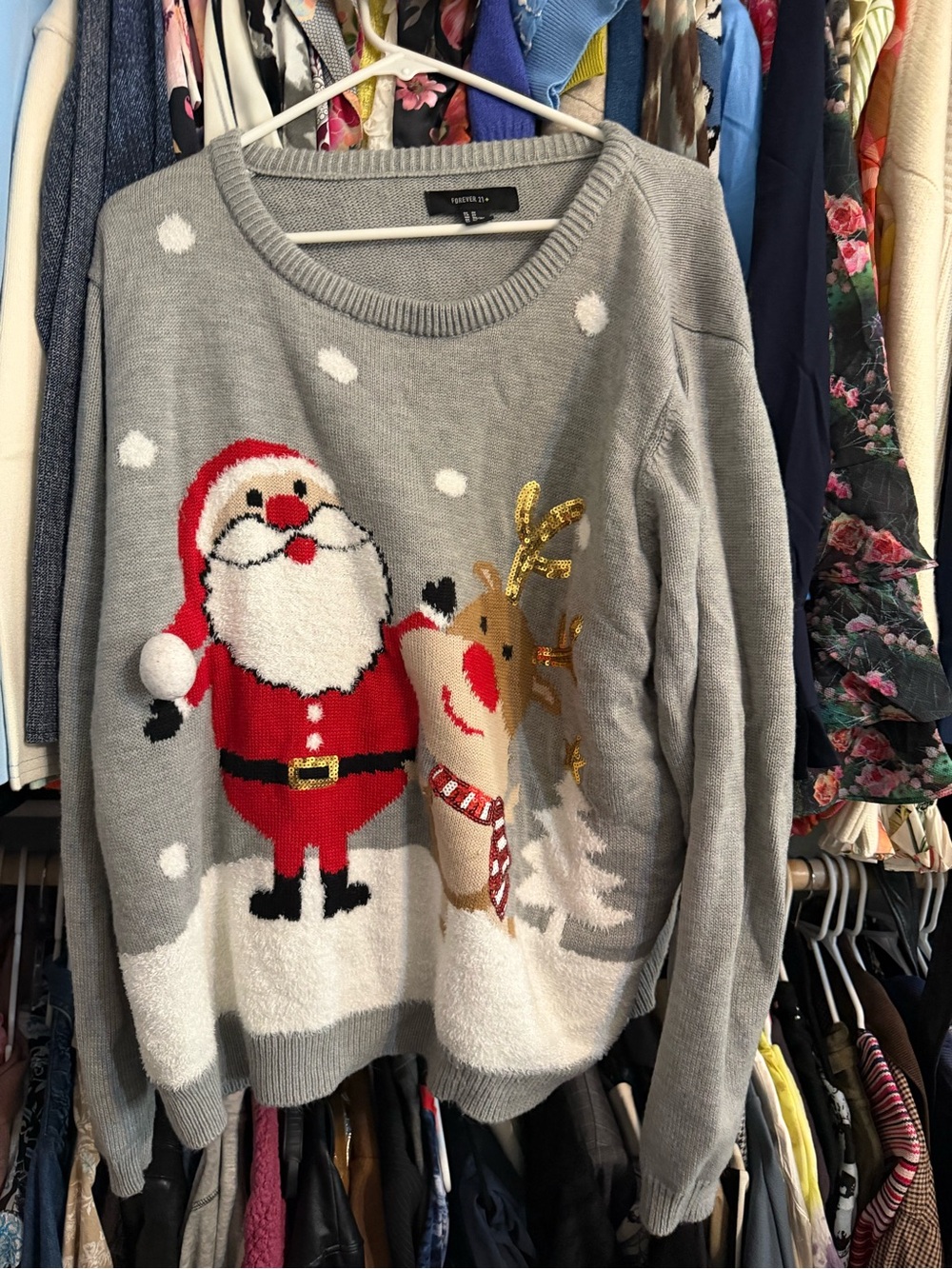 Forever 21 Gray Santa & Reindeer Holiday Crewneck Sweater